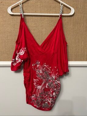 Body Central Red Chain Strap Wrap-Front Top with Silver Floral Print